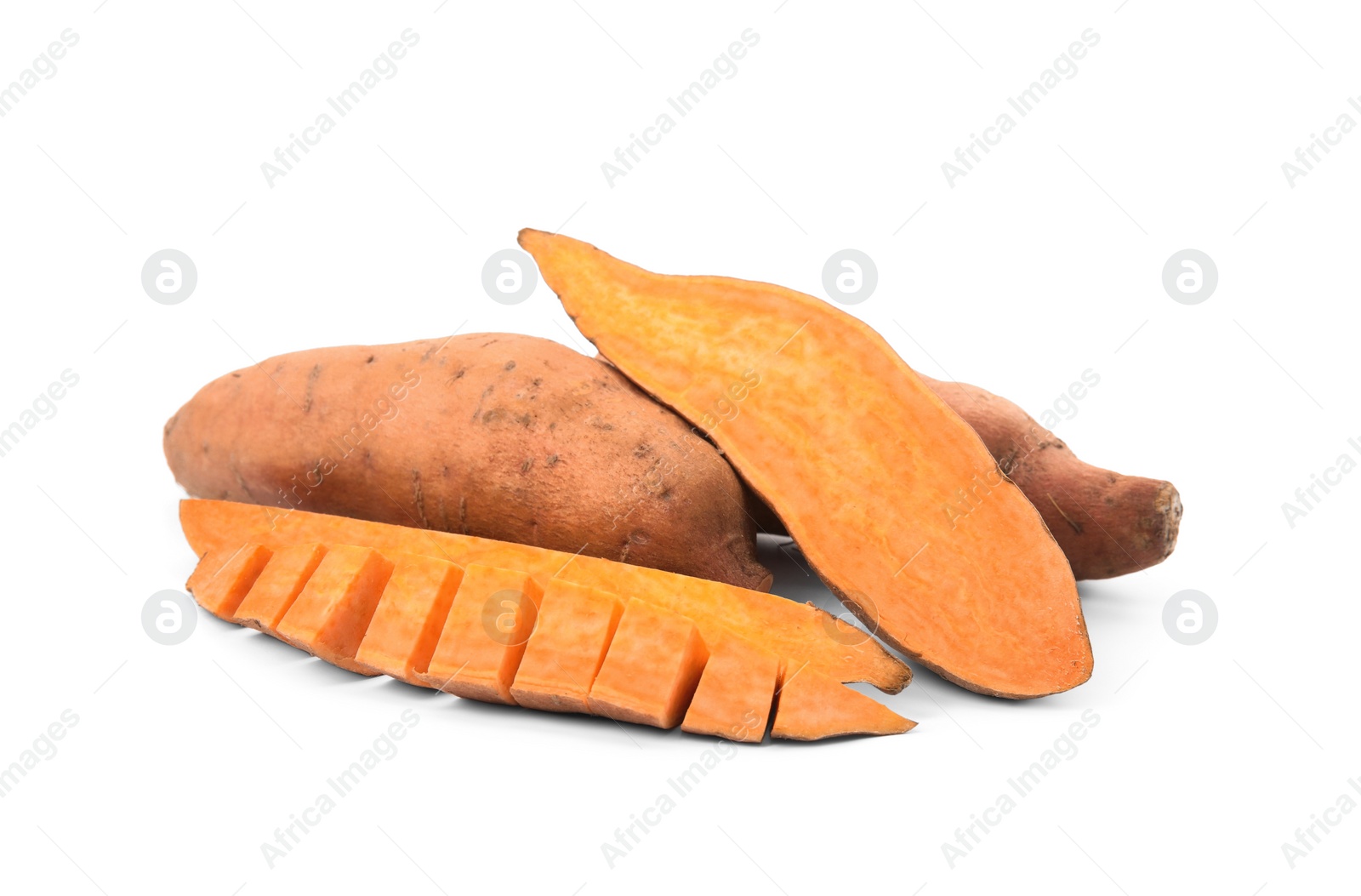 Photo of Cut and whole sweet potatoes on white background