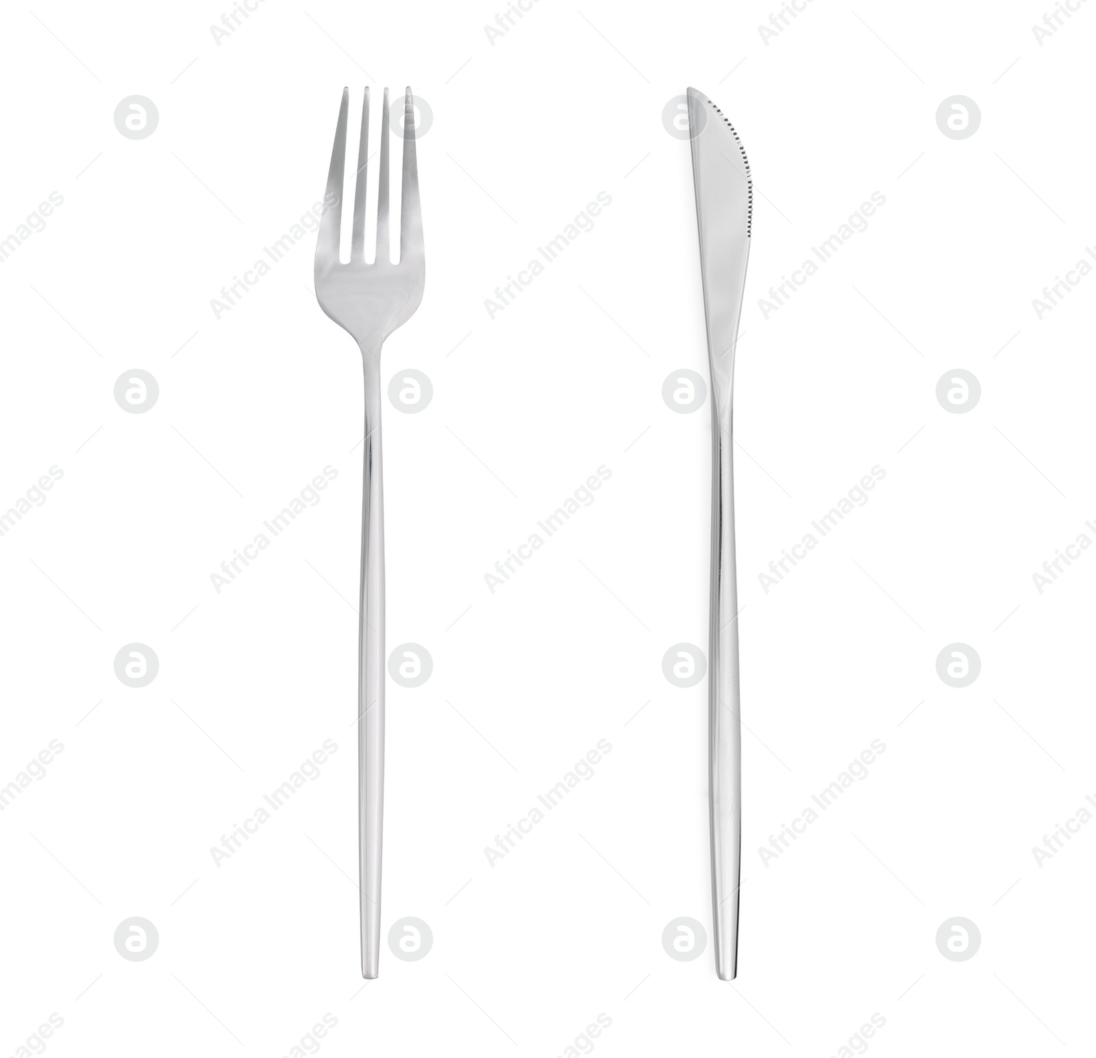 Image of Shiny silver knife and fork on white background, top view