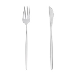 Image of Shiny silver knife and fork on white background, top view