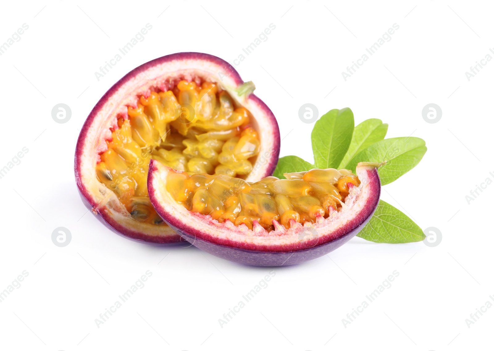 Photo of Cut fresh passion fruit on white background