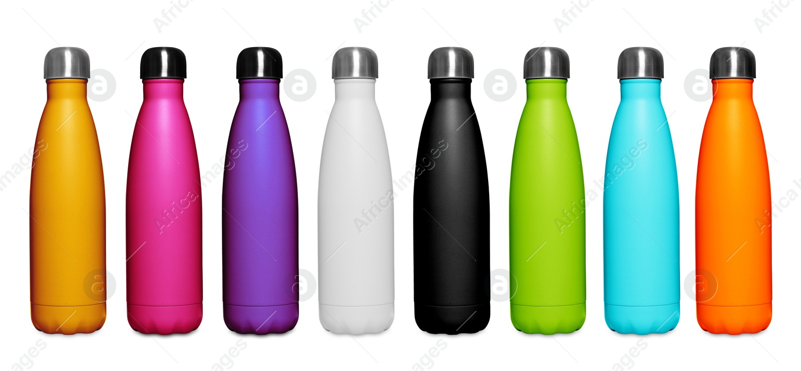 Image of Set with different stylish closed thermo bottles on white background. Banner design