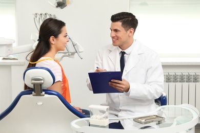 Photo of Professional dentist working with patient in clinic