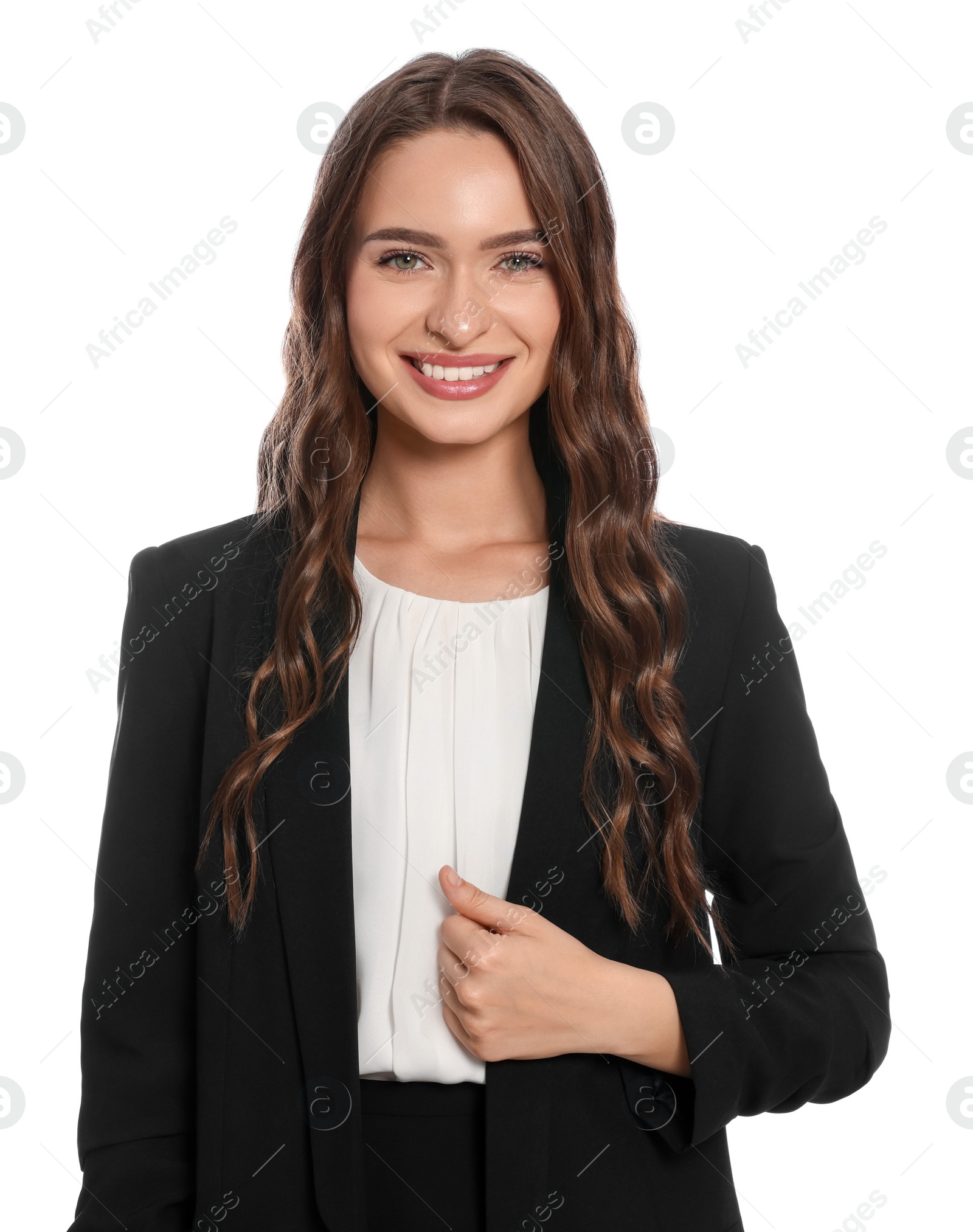 Photo of Portrait of hostess in uniform on white background