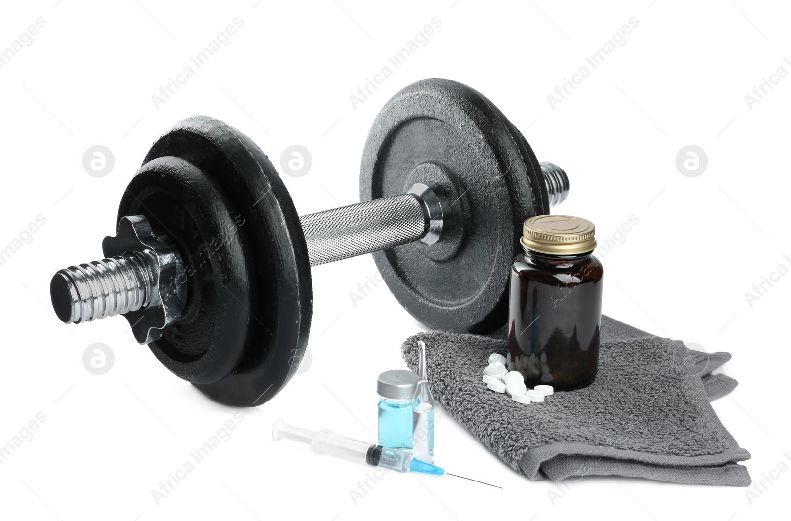 Photo of Different drugs, towel and sports equipment on white background. Doping control