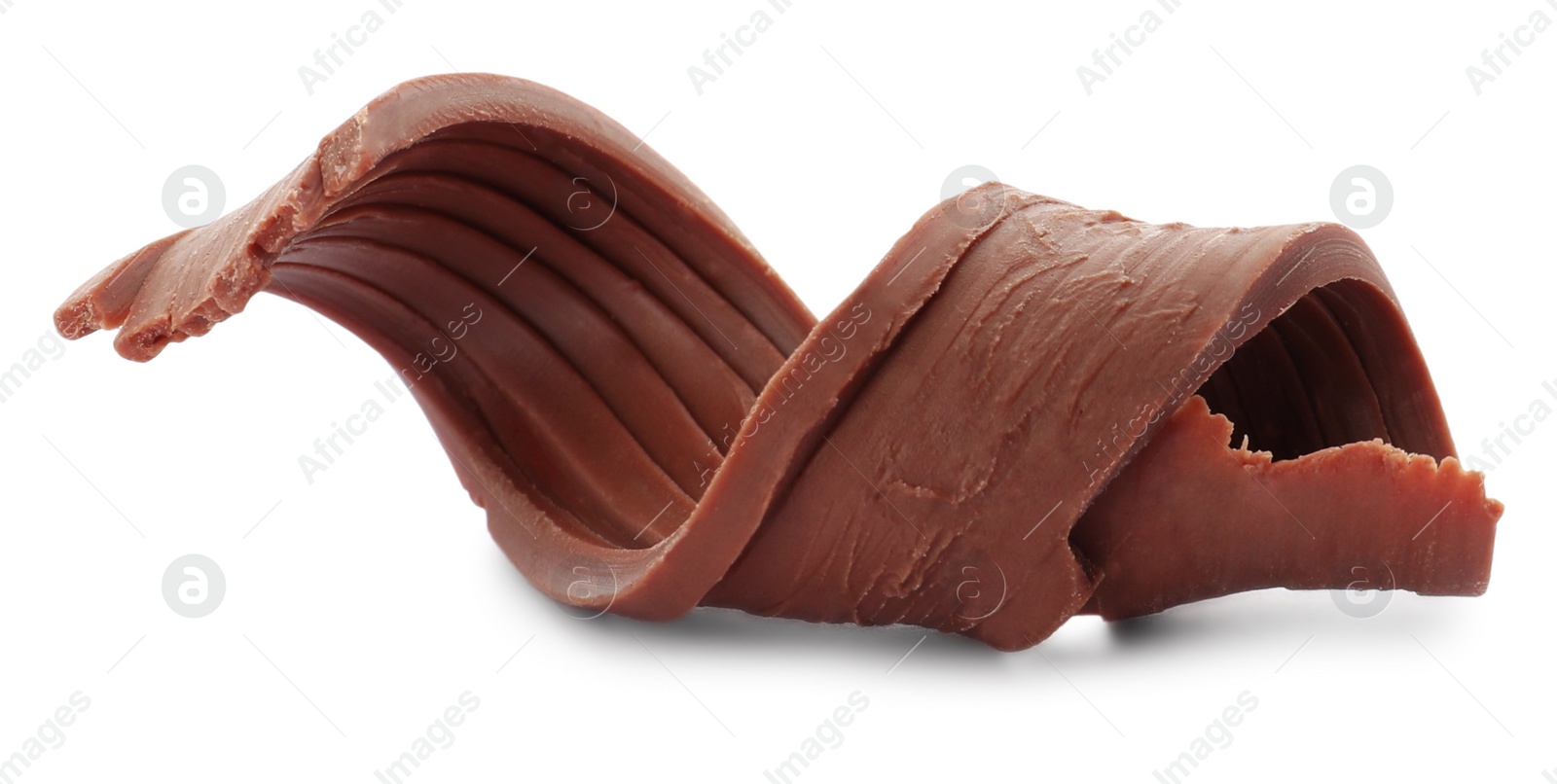 Photo of Yummy chocolate curl for decor on white background