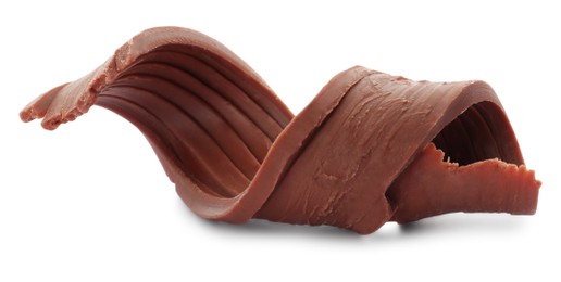 Photo of Yummy chocolate curl for decor on white background