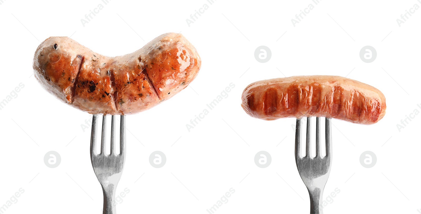 Image of Forks with delicious grilled sausages on white background