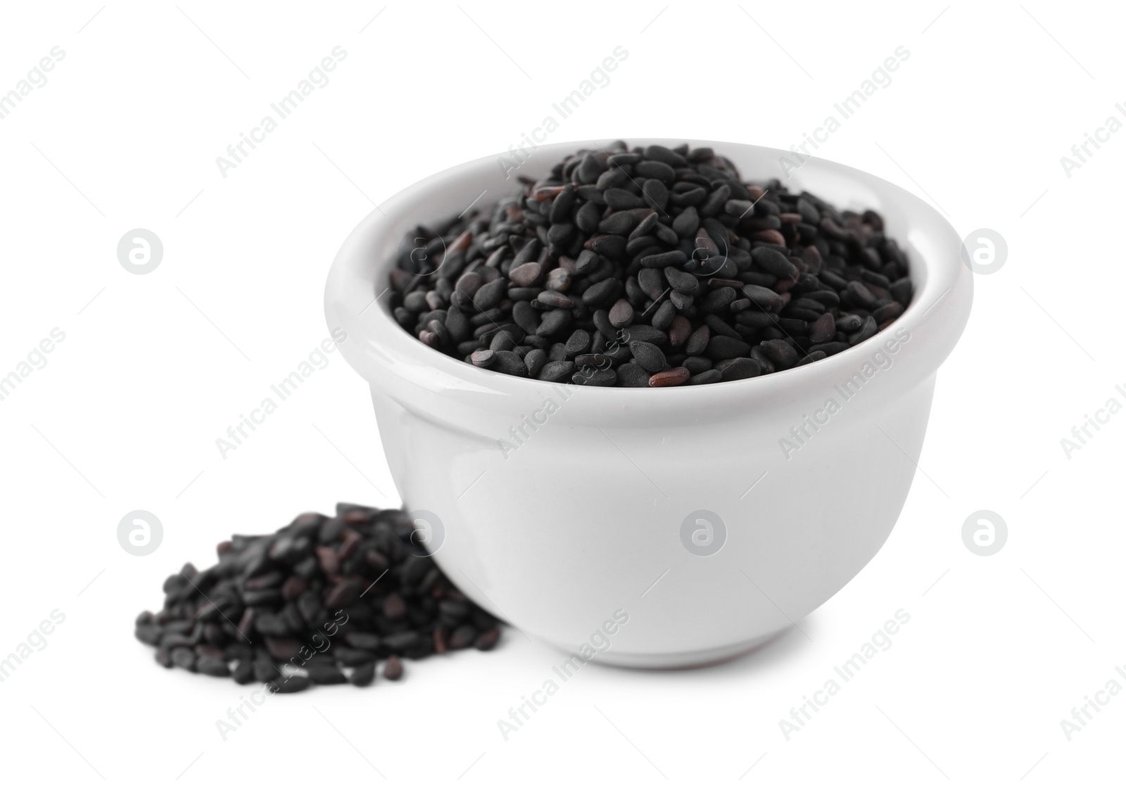 Photo of Raw black sesame seeds with bowl on white background