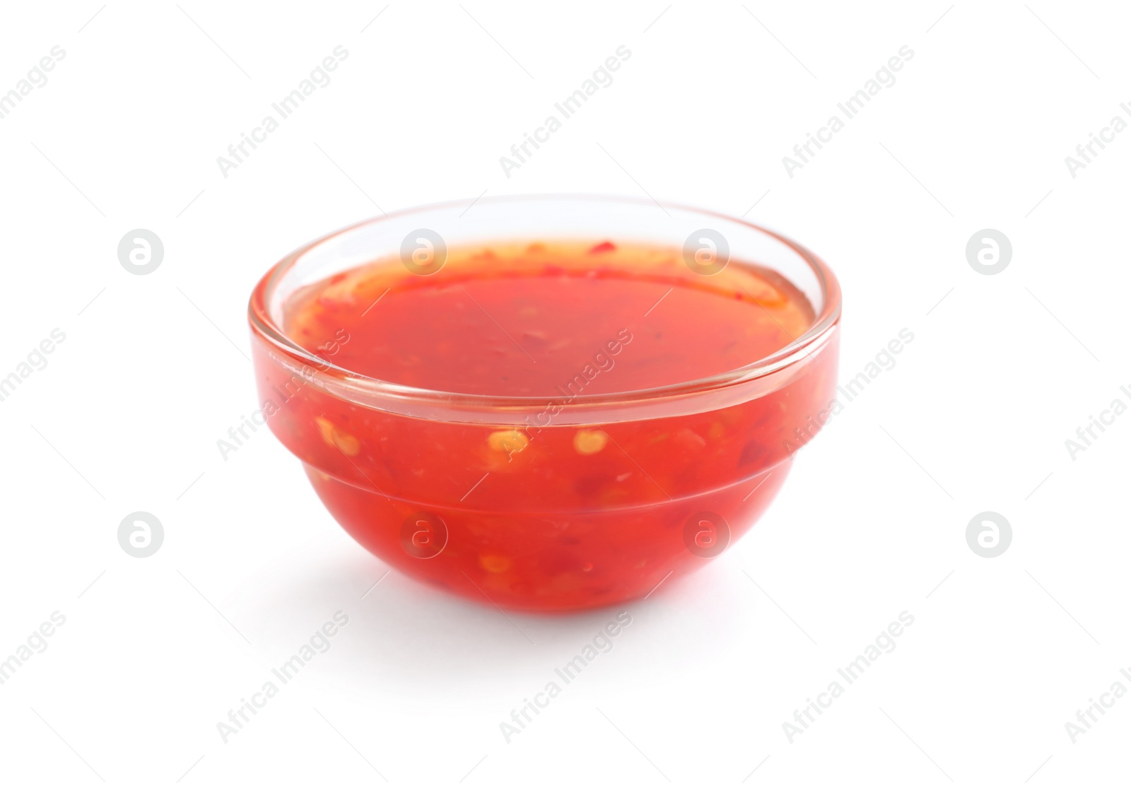 Photo of Delicious sweet chili sauce in bowl on white background