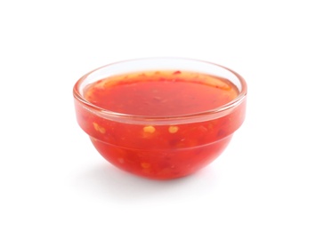 Delicious sweet chili sauce in bowl on white background