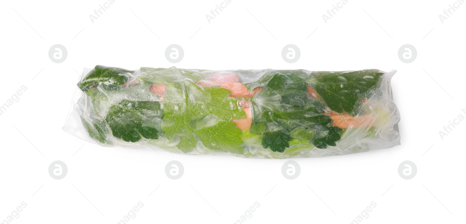 Photo of Tasty spring roll wrapped in rice paper isolated on white, top view