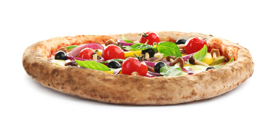 Delicious hot vegetable pizza on white background