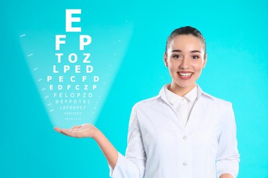 Image of Vision test. Ophthalmologist or optometrist showing eye chart on light blue gradient background