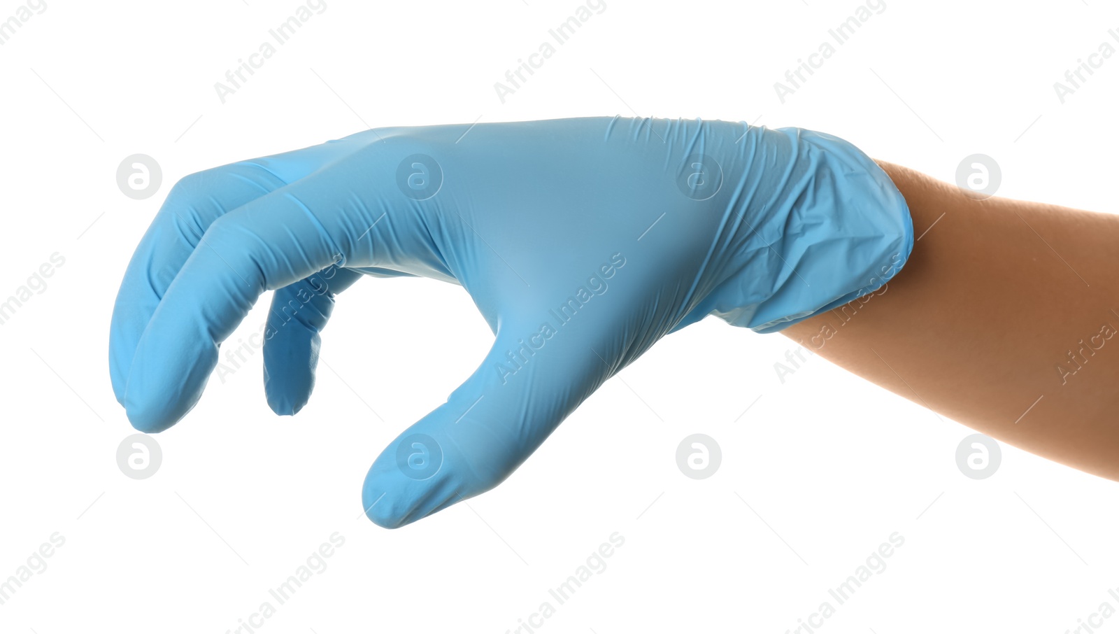 Photo of Person in blue latex gloves holding something against white background, closeup on hand