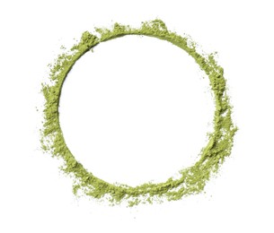 Photo of Frame made of green matcha powder on white background, top view