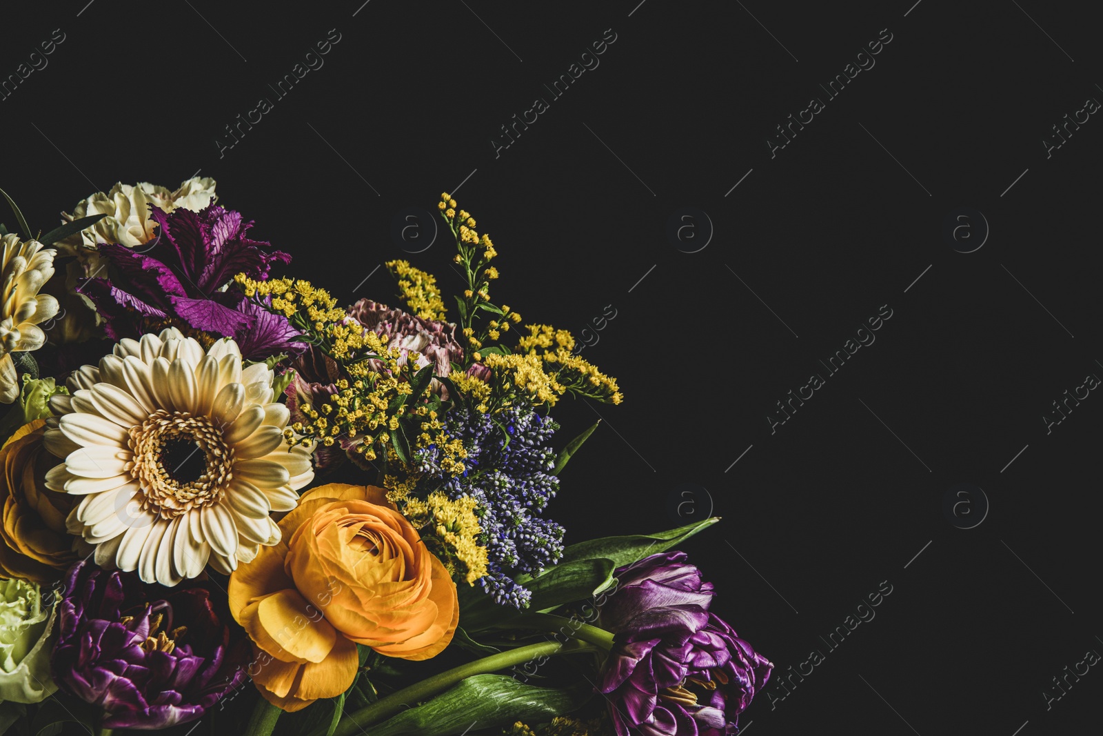 Photo of Beautiful bouquet of different flowers on black background, space for text. Floral card design with dark vintage effect