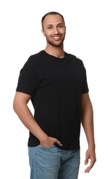 Man wearing black t-shirt on white background