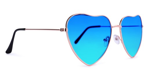 Stylish heart shaped sunglasses with light blue lenses on white background