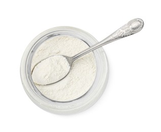 Baking powder in glass jar and spoon isolated on white, top view