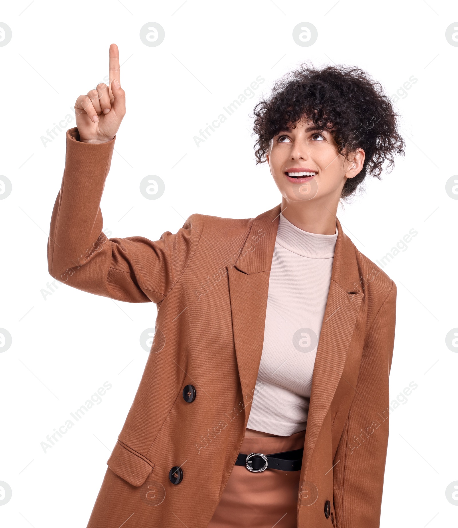 Photo of Beautiful businesswoman pointing at something on white background