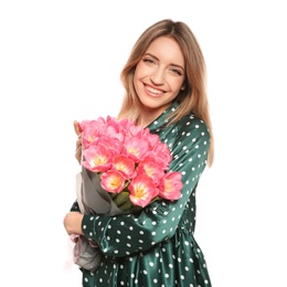 Photo of Portrait of smiling young girl with beautiful tulips on white background. International Women's Day