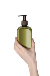 Photo of Woman holding bottle of face cleansing product on white background, closeup