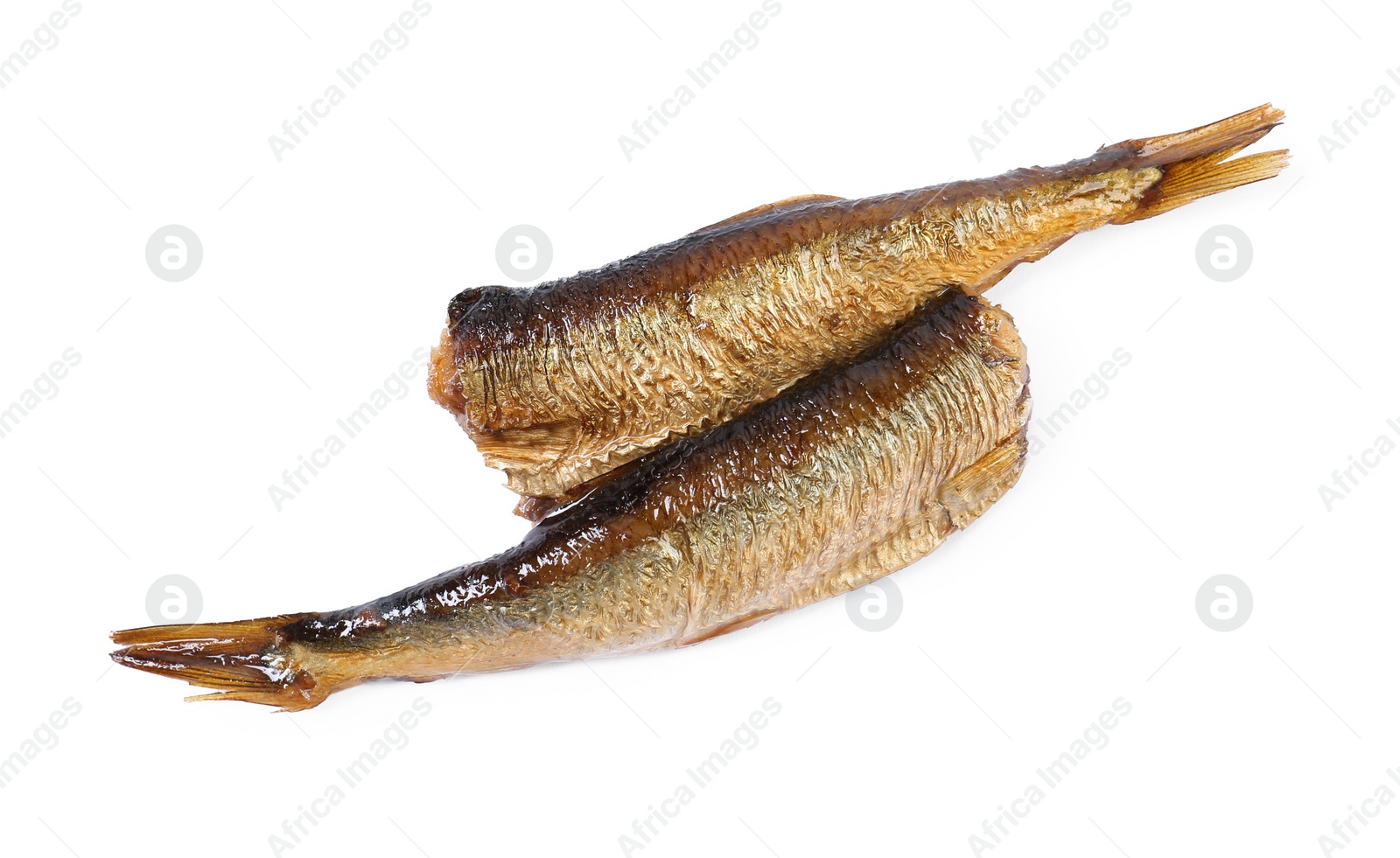 Photo of Two tasty smoked sprats isolated on white, top view