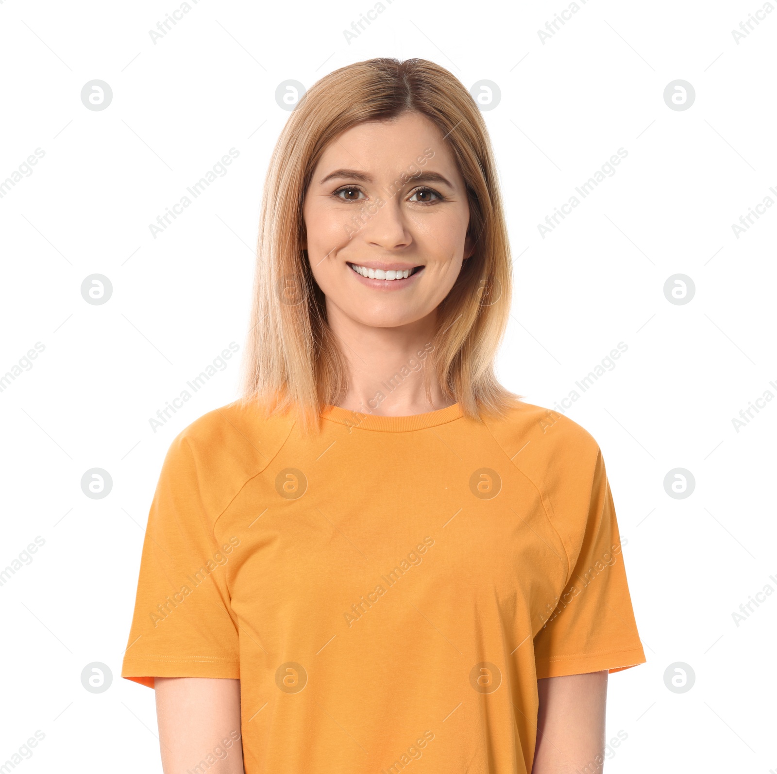 Photo of Portrait of beautiful woman posing on white background