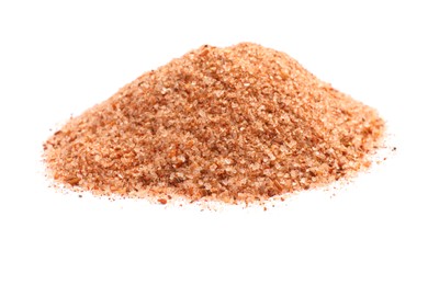 Photo of Heap of pink salt with spices on white background