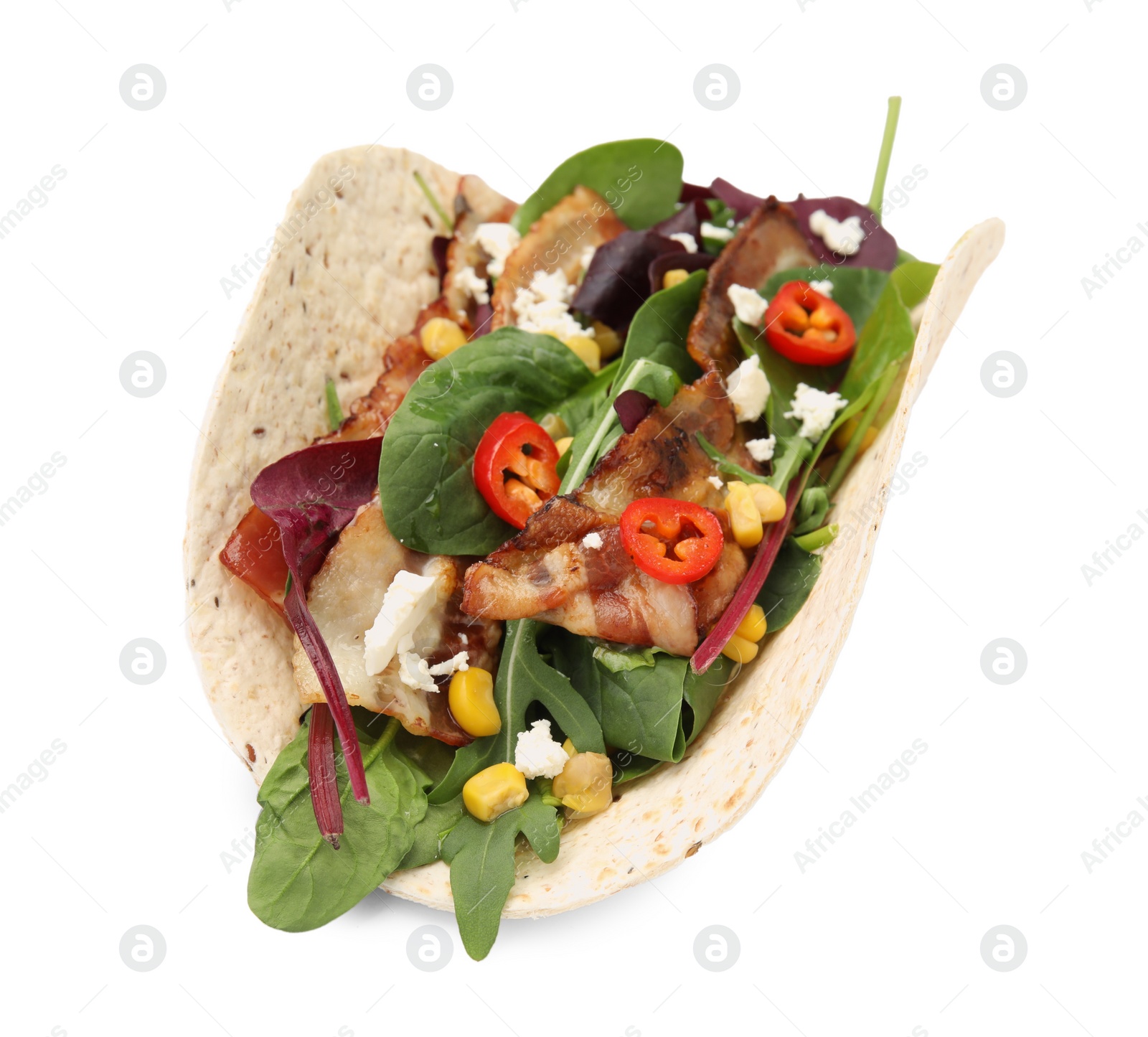 Photo of Delicious taco with fried bacon, vegetables and cheese on white background