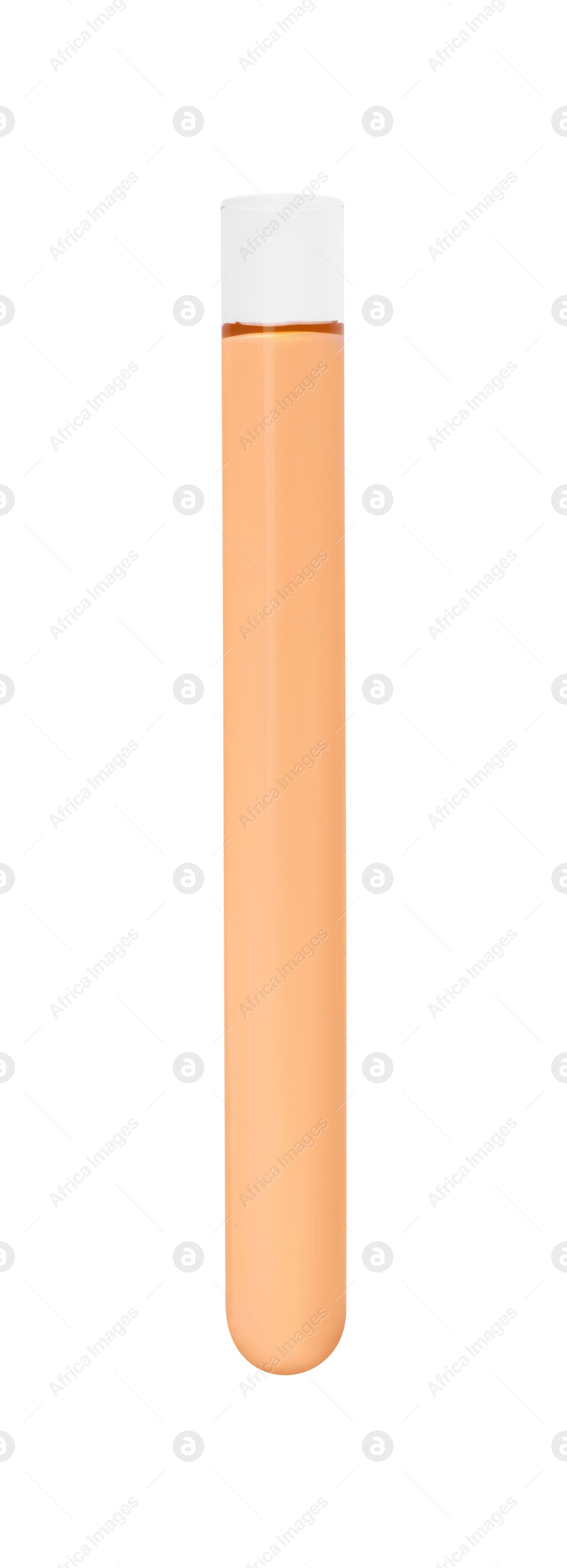 Photo of Test tube with orange liquid isolated on white