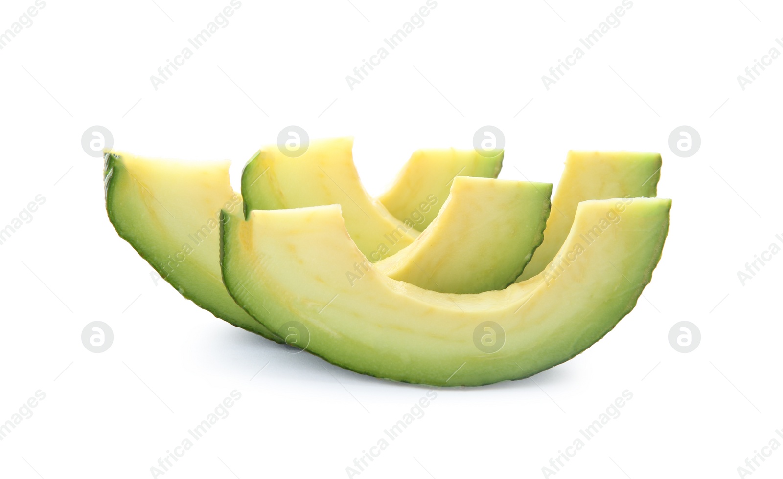 Photo of Slices of ripe avocado on white background