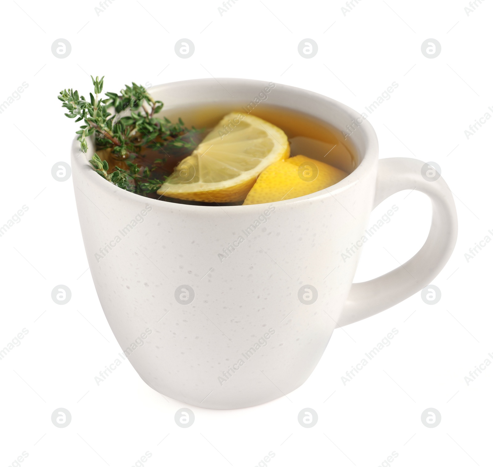 Photo of Aromatic herbal tea with thyme and lemon isolated on white