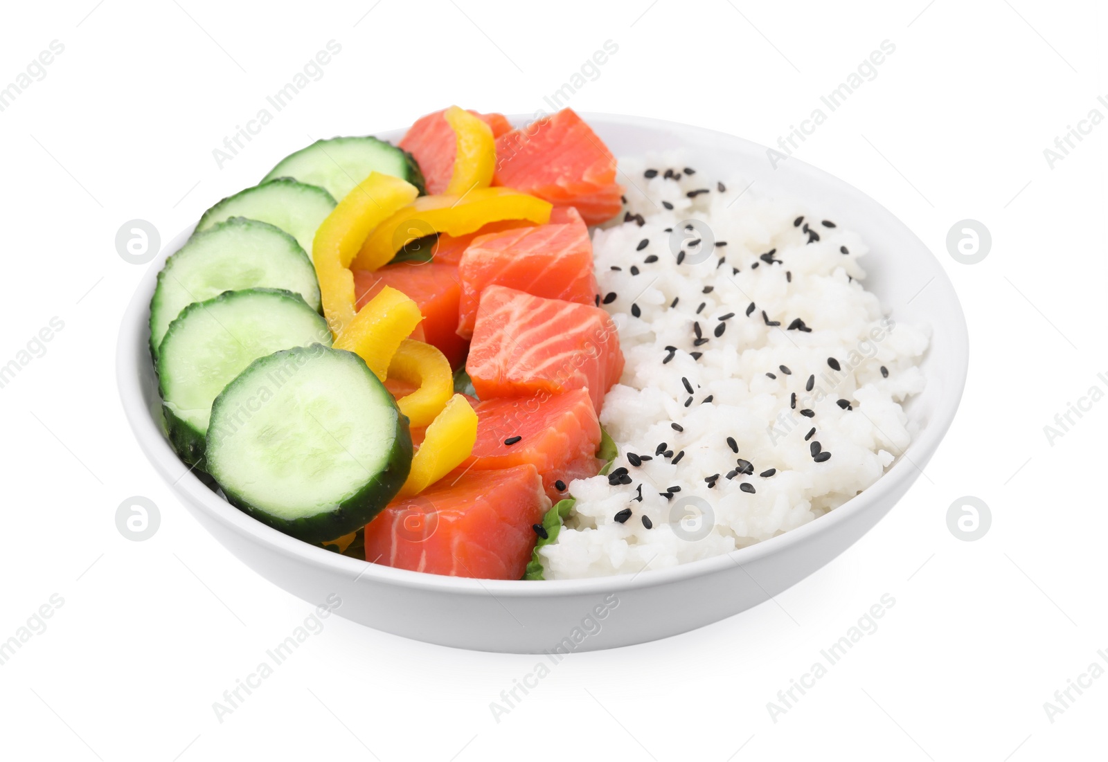 Photo of Delicious poke bowl with salmon, rice and vegetables isolated on white