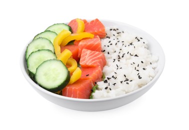 Photo of Delicious poke bowl with salmon, rice and vegetables isolated on white