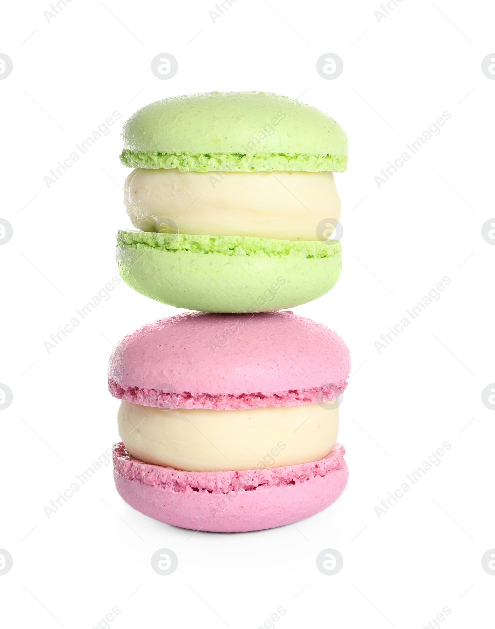 Photo of Colorful macarons on white background. Delicious dessert