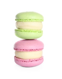 Colorful macarons on white background. Delicious dessert