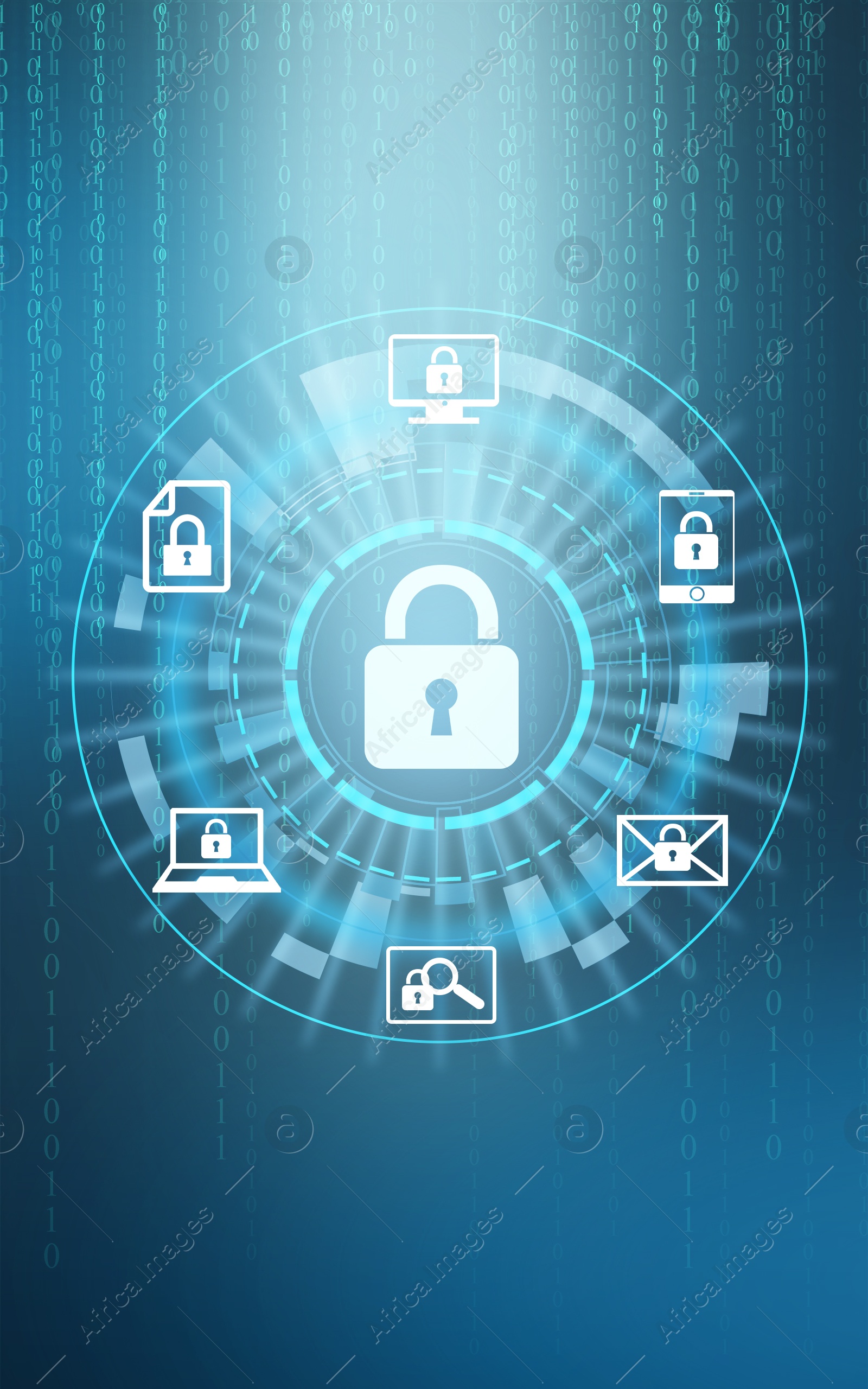 Illustration of Cyber security concept. Scheme with padlock illustration and binary code on background