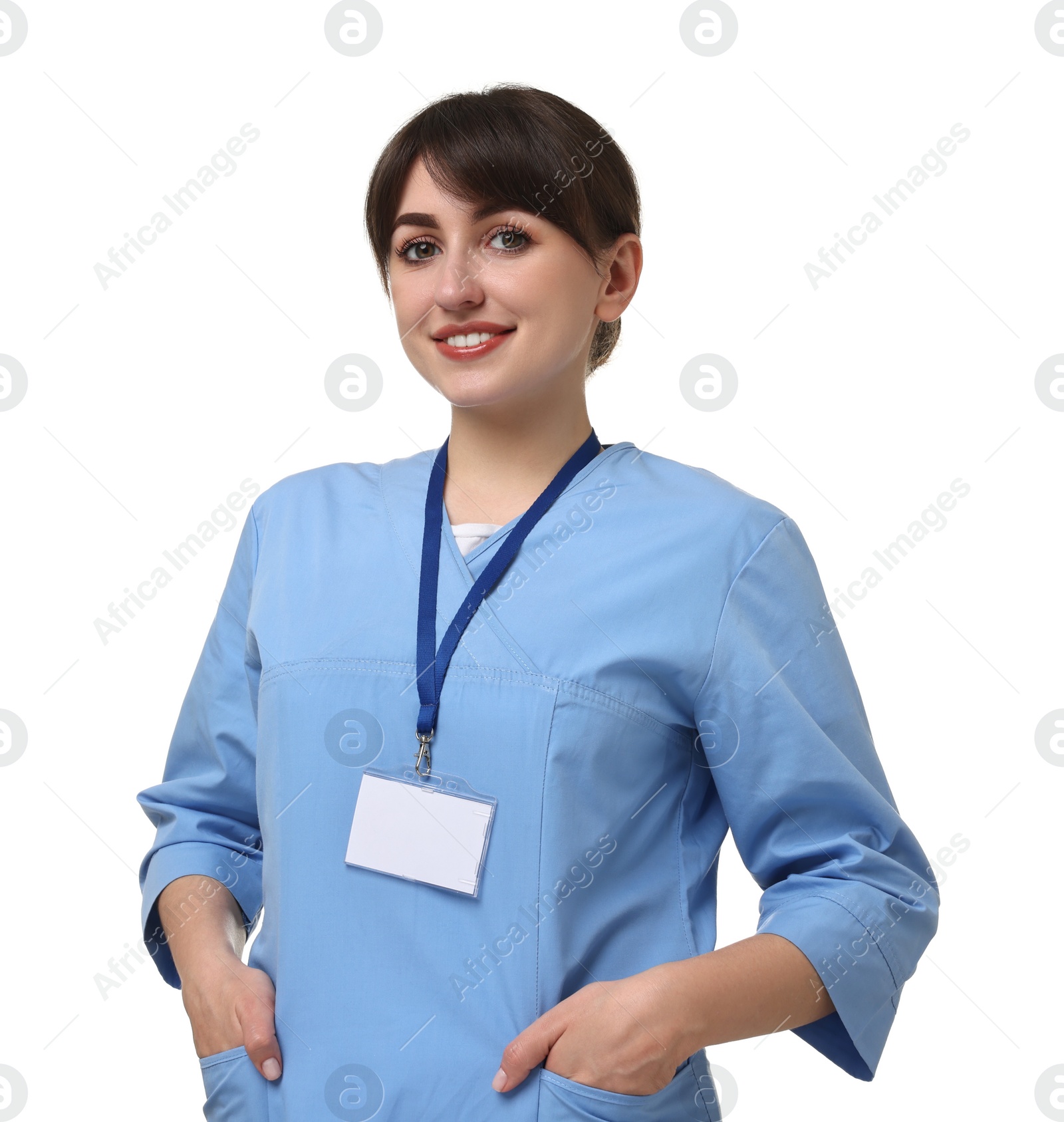 Photo of Portrait of smiling medical assistant on white background