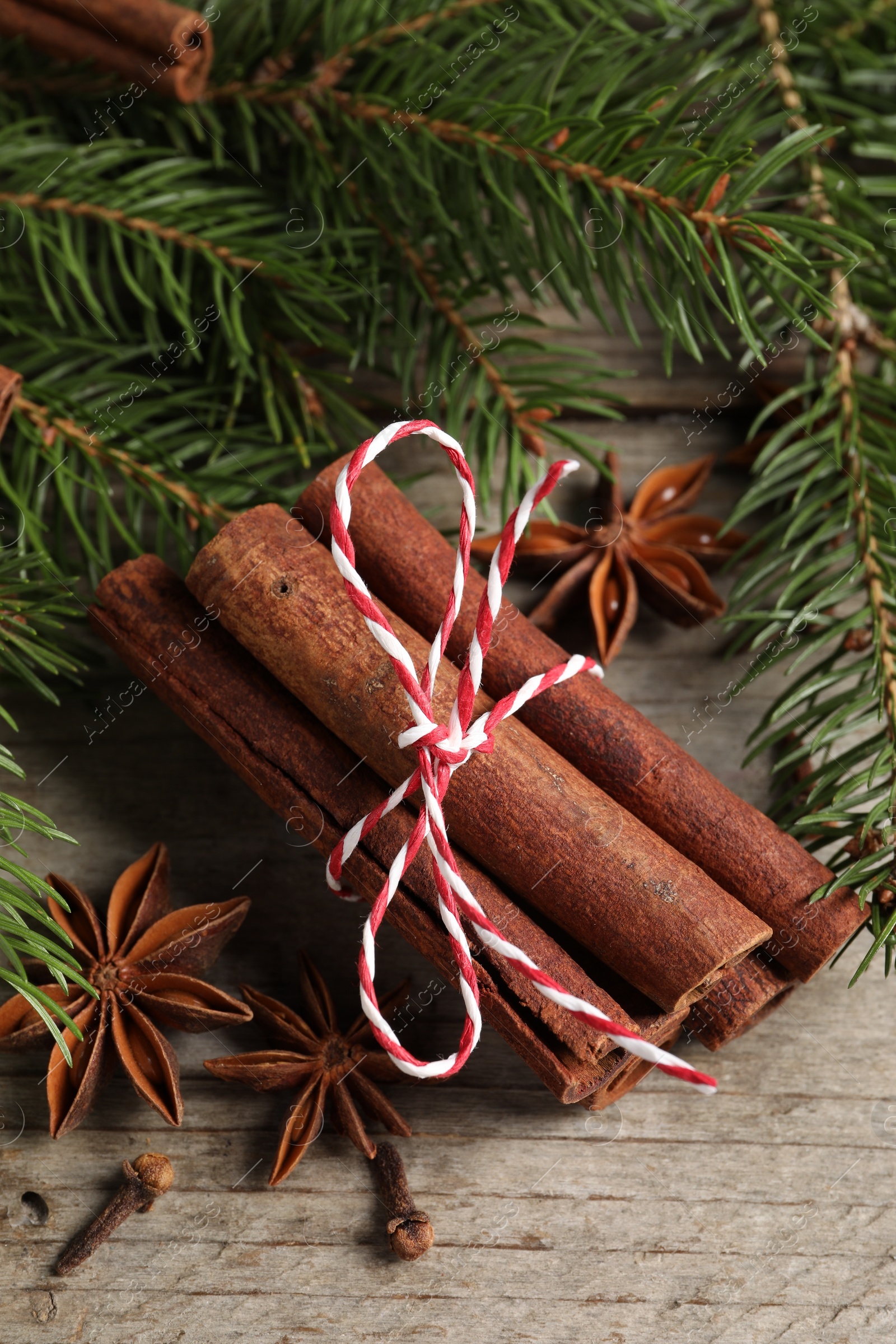 Photo of Different spices and fir branches on wooden table, flat lay