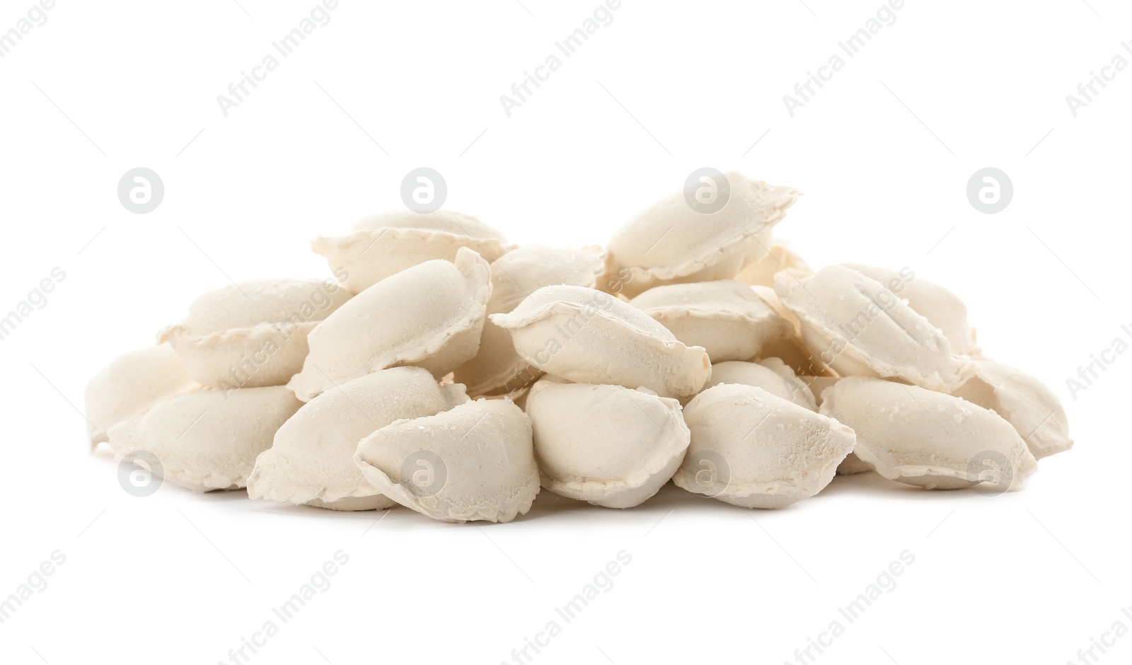 Photo of Heap of raw dumplings on white background