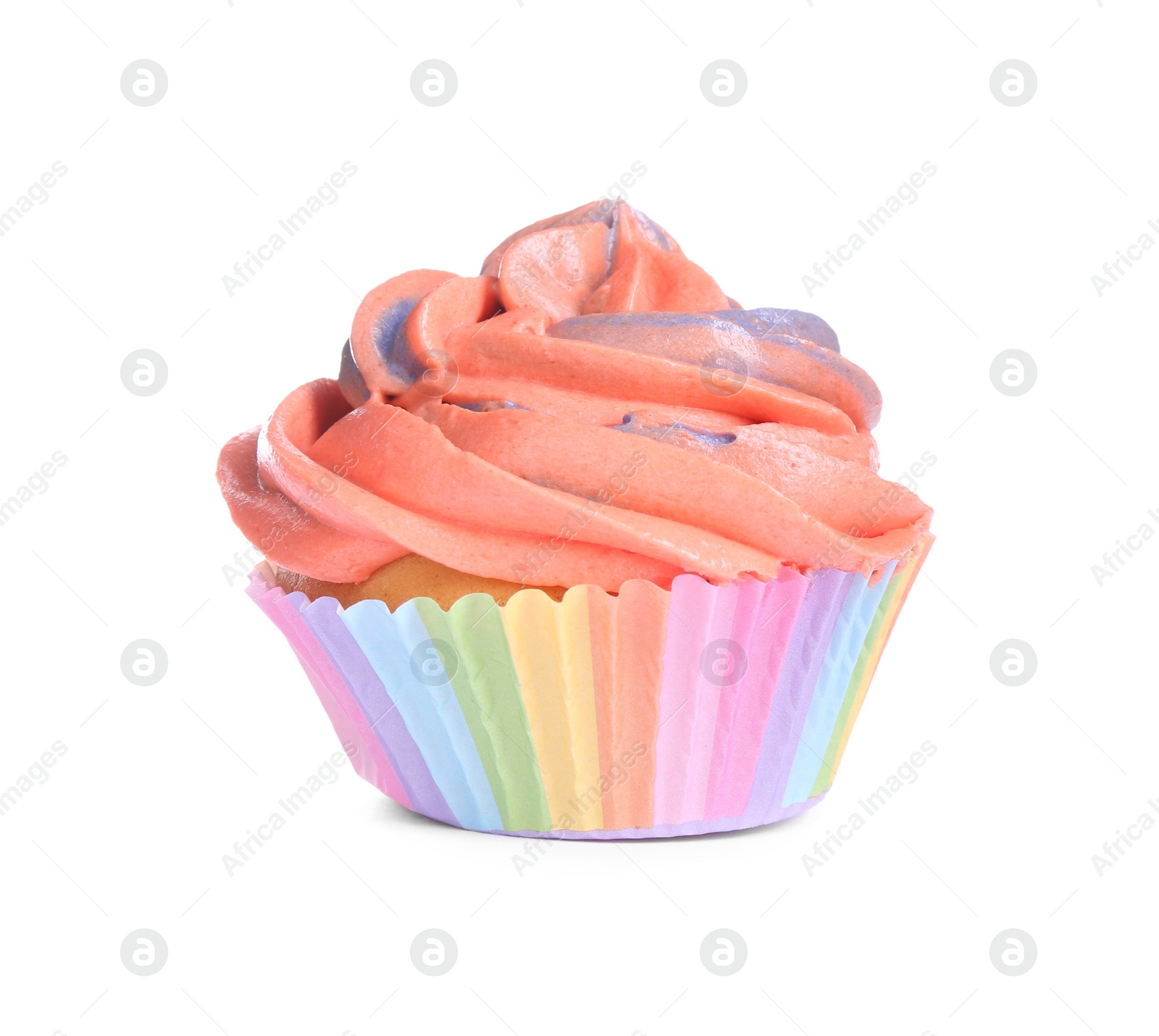 Photo of Delicious cupcake with bright cream isolated on white