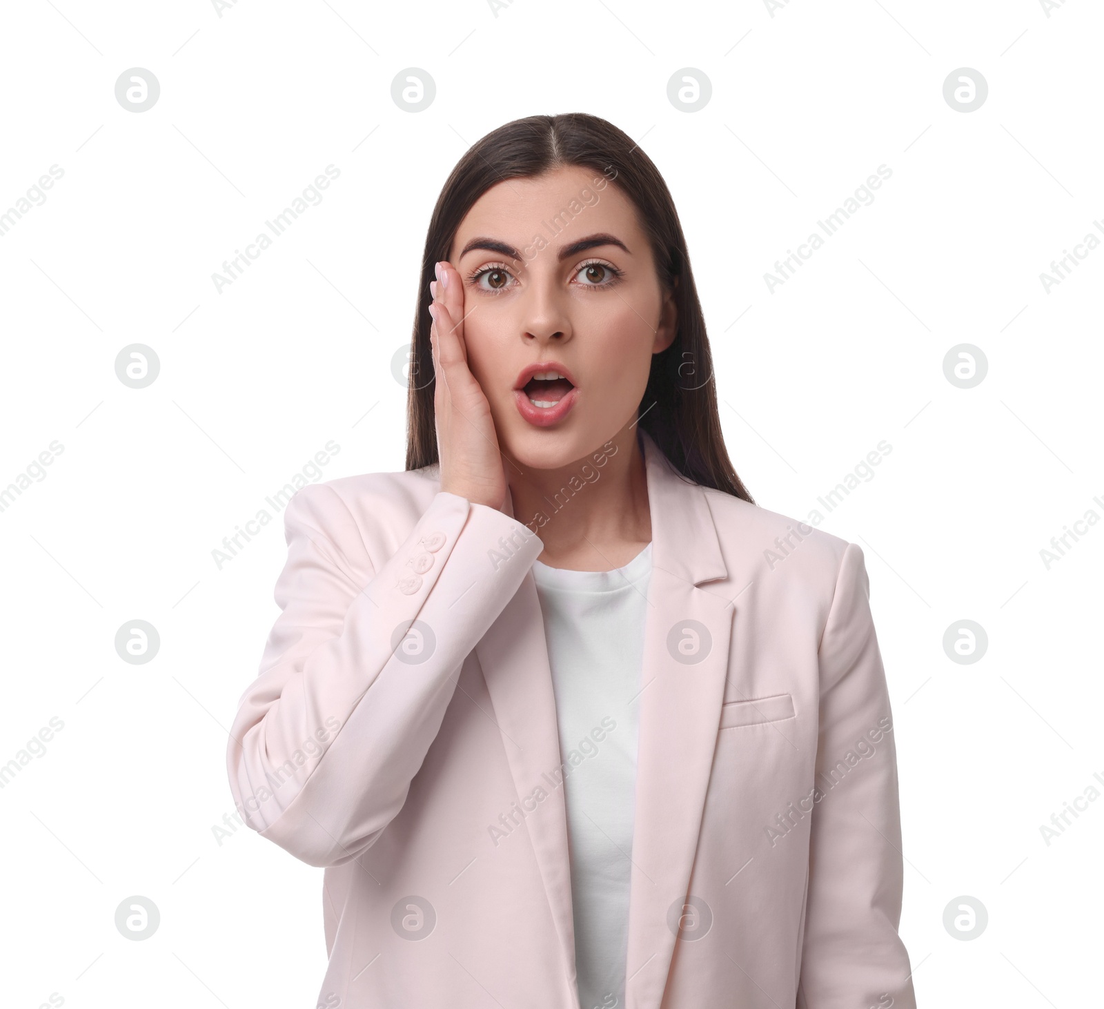 Photo of Beautiful emotional businesswoman in suit on white background