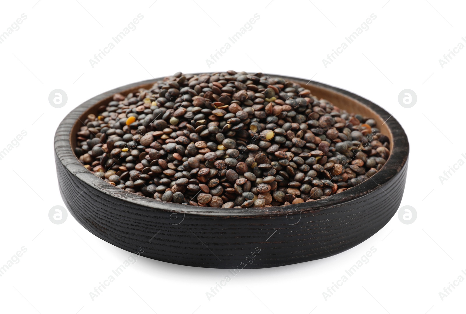 Photo of Raw lentils in bowl isolated on white