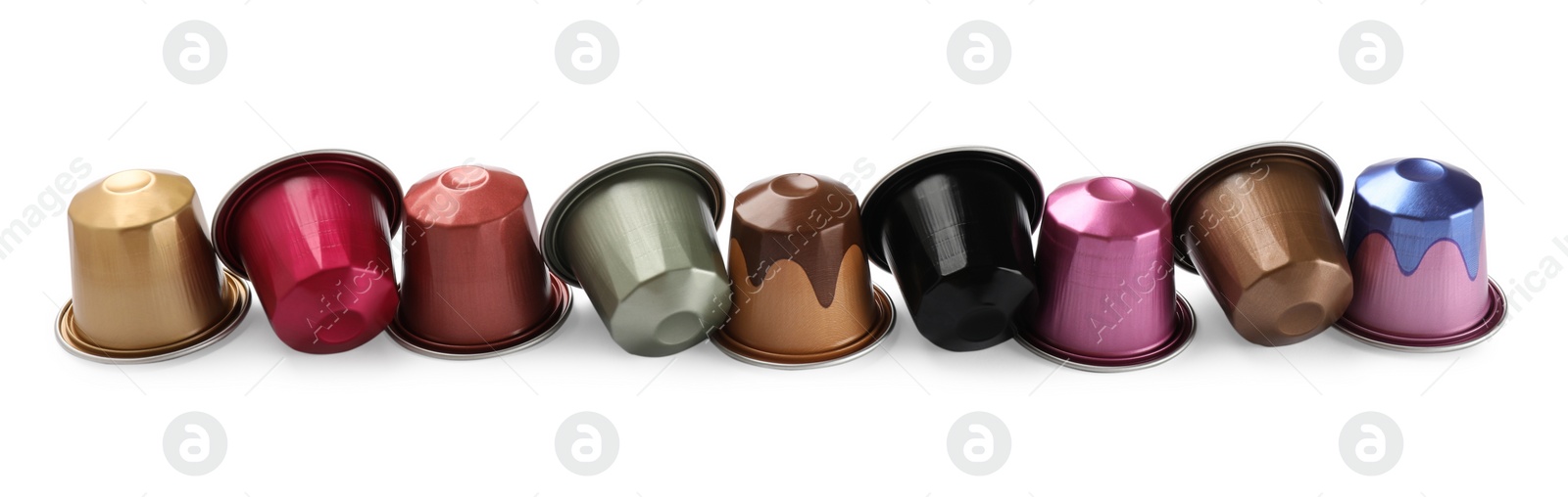 Photo of Many plastic coffee capsules isolated on white