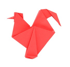 Photo of Origami art. Handmade red paper rooster on white background