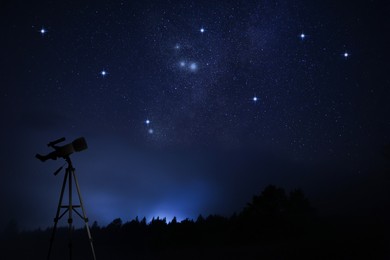 Astronomy. Viewing beautiful starry sky through telescope at night