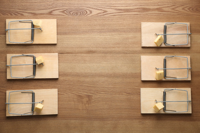 Photo of Mousetraps with pieces of cheese and space for text on wooden background, flat lay. Pest control