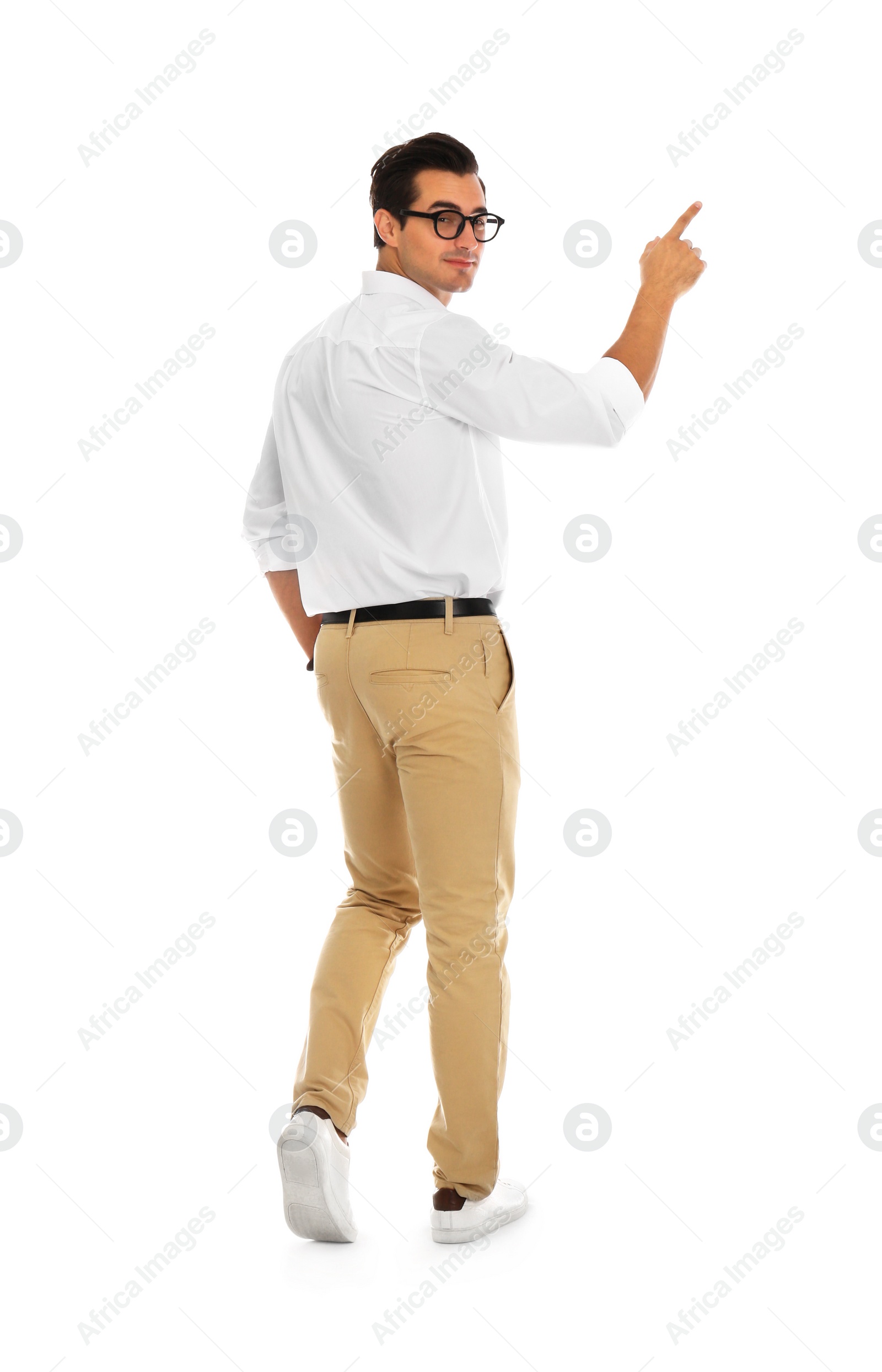 Photo of Professional business trainer pointing on something, white background