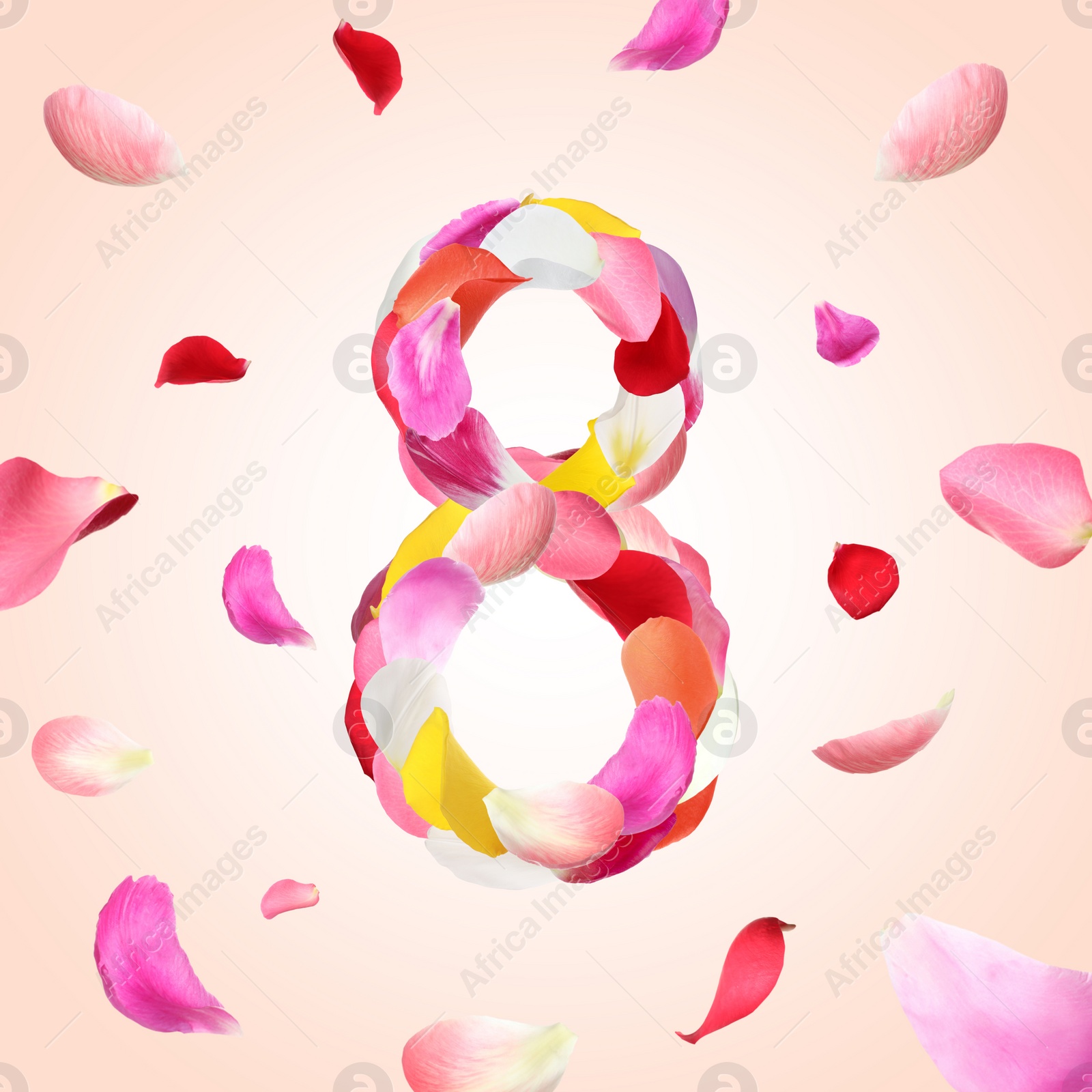 Image of International Women's Day - March 8. Card design with number 8 of bright flower petals on peach color background